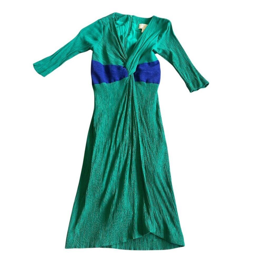 Moulinette Soeurs Anthropologie Green V-Neck Dress Midi 3/4 Sleeve Size 0P Women